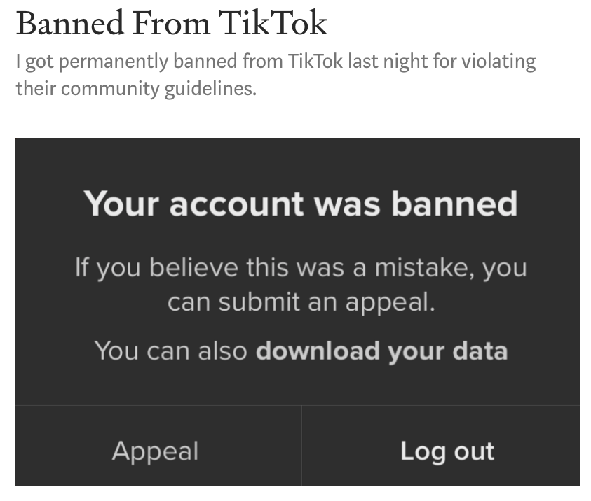 Notification informing me that my TikTok account has been banned